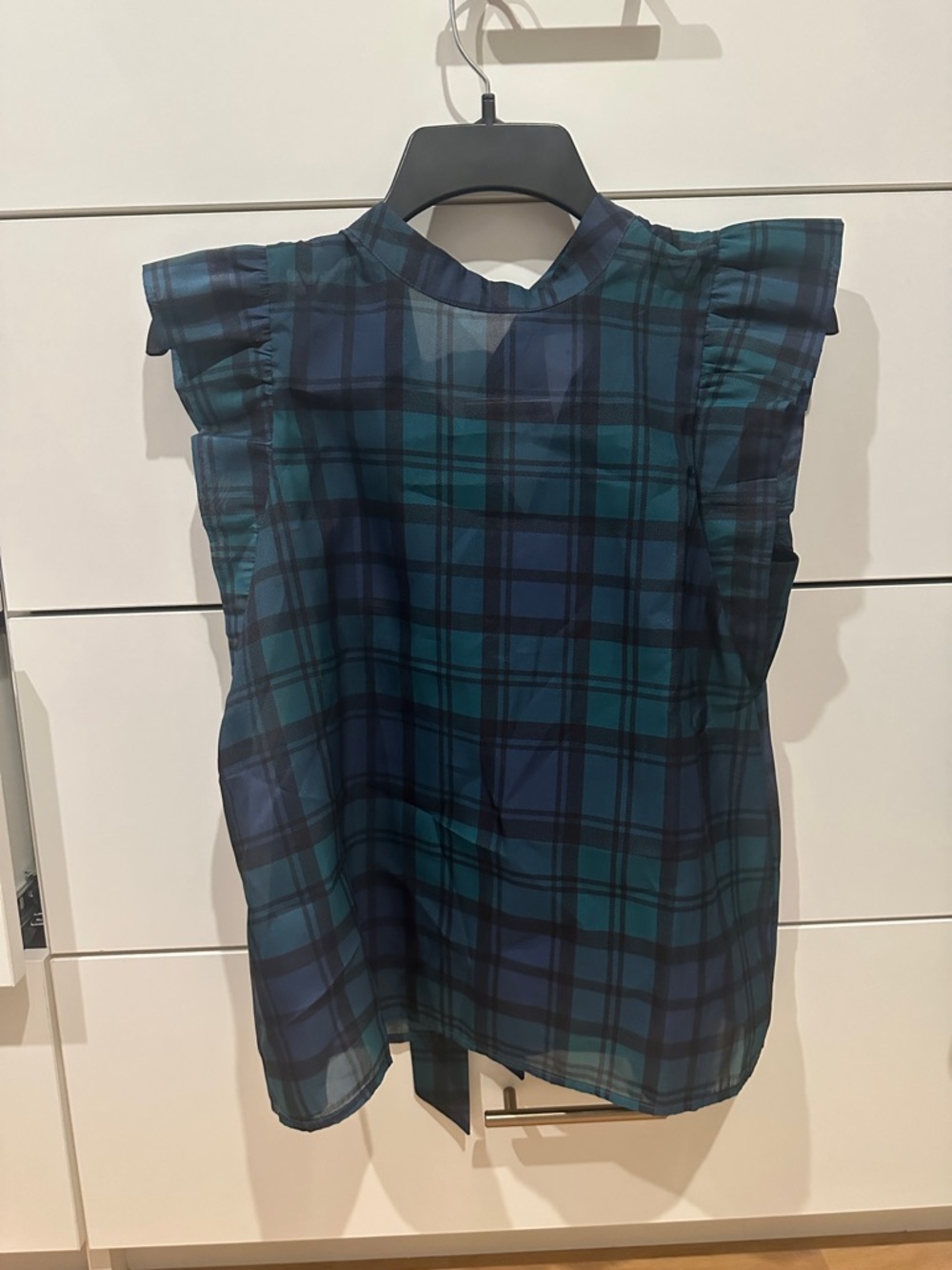 LOFT Green and Navy Plaid Flutter Sleeve Blouse